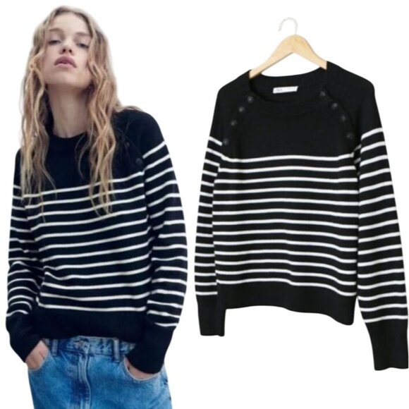 Zara Anchor Button Detail‎ Knit Sweater Black & White Stripe Size S - Picture 3 of 12